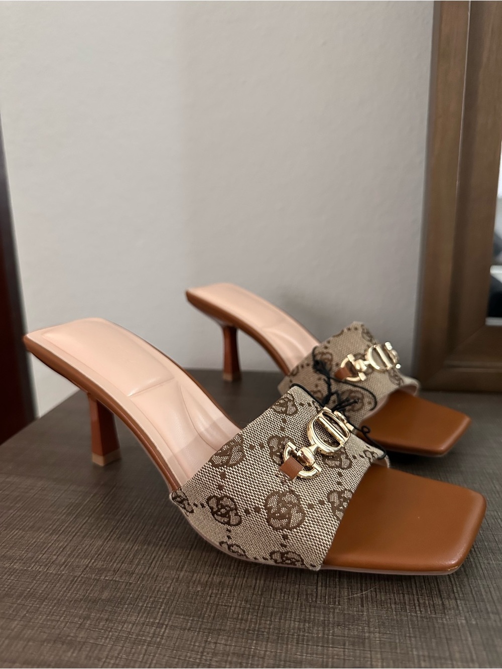Designer-Inspired Monogram Mule Square Heels | Brown | NWT